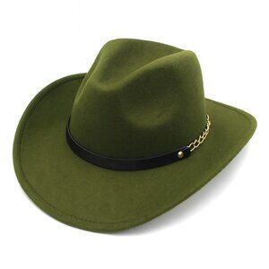 Green Western Cowboy Hat Wide Brim Fedora Style with Chain Band for Men & Women
